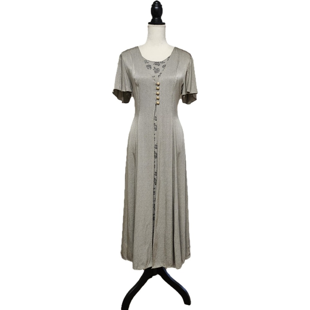 Vintage Betsy's Things Silver Floral Corset‎ Back Button Front Midi Dress Size 8